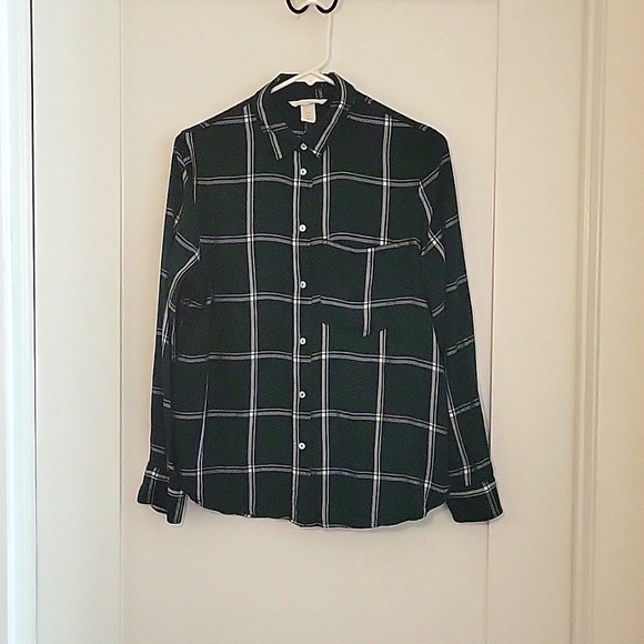 H&M Shirt Womens 10 Button Up Long Sleeve Green Plaid Great Condition - Picture 2 of 3